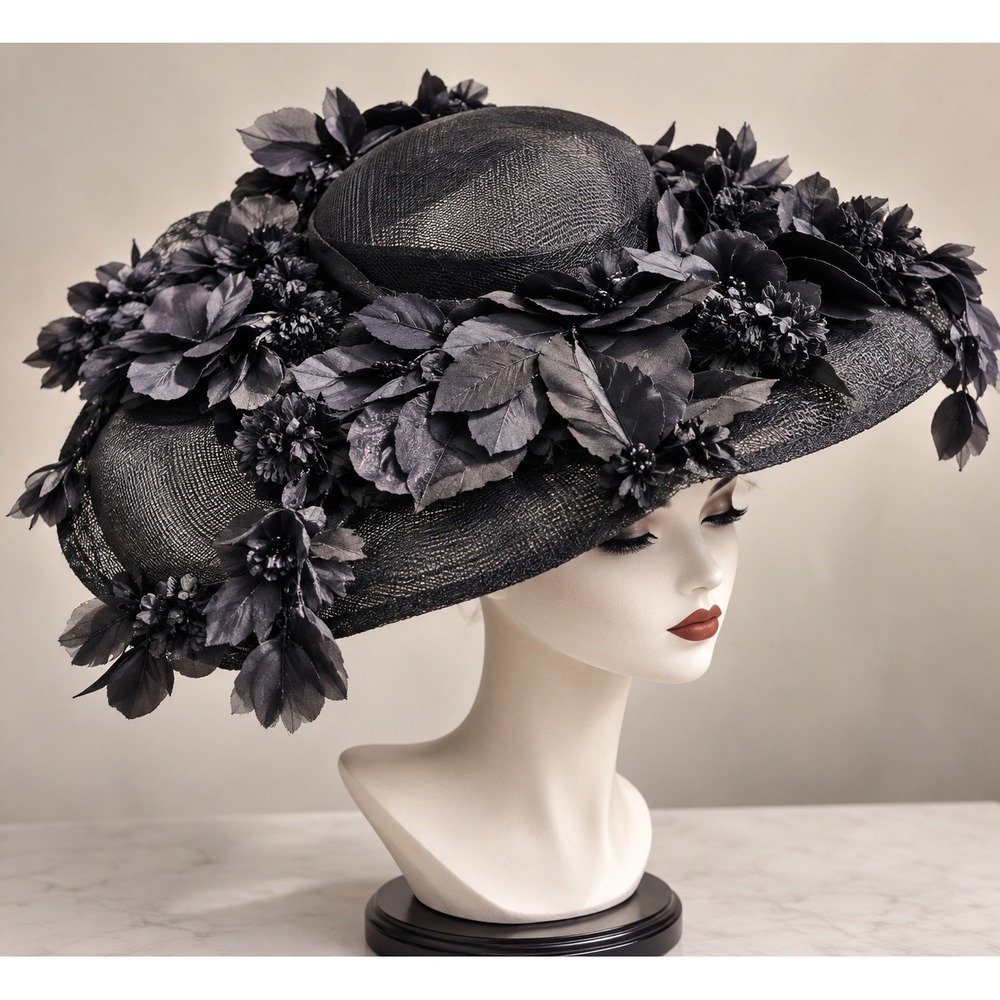 Vintage Jack McConnell New York Black Floral 18" Brim Designer Millinery Hat